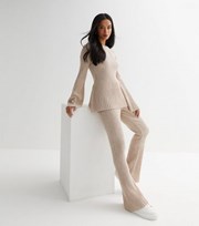 New Look Petite Stone Ribbed Knit High Waist Flared Trousers